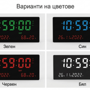 Голям стенен електронен часовник с термометър и дата, светещи цифри