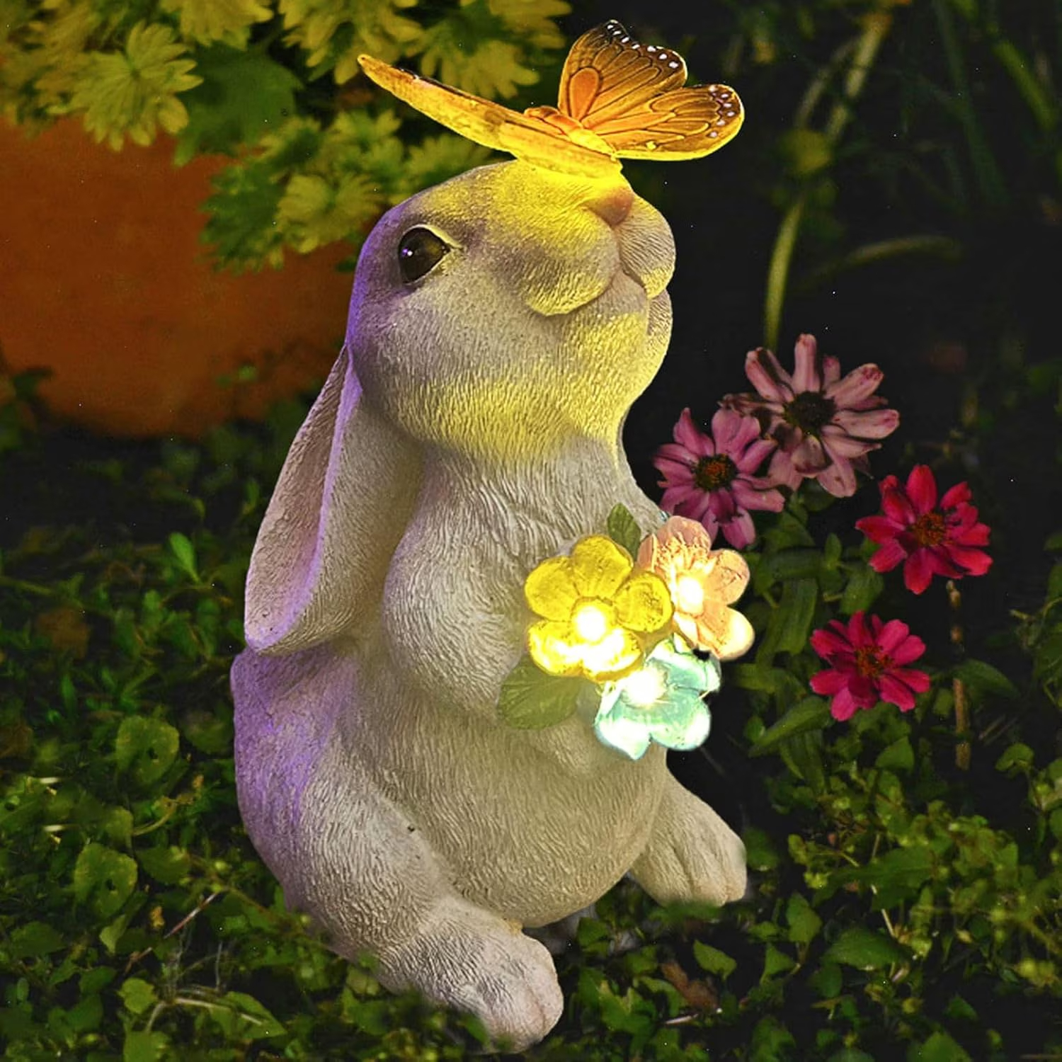 Декоративна соларна фигура Заек с LED цветя и пеперуда за градина - Image 3