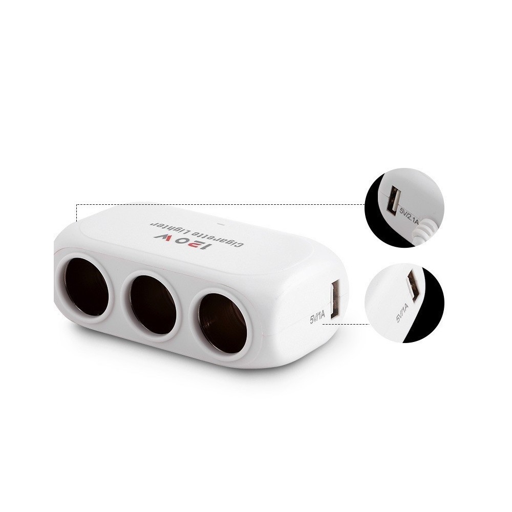 Троен разклонител за запалка за кола и 2 USB - Image 2
